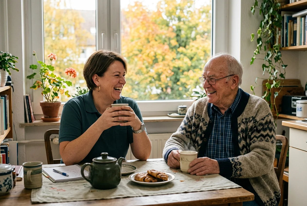 Pflegekraft und älterer Herr lachen gemeinsam am Küchentisch bei einer Tasse Tee