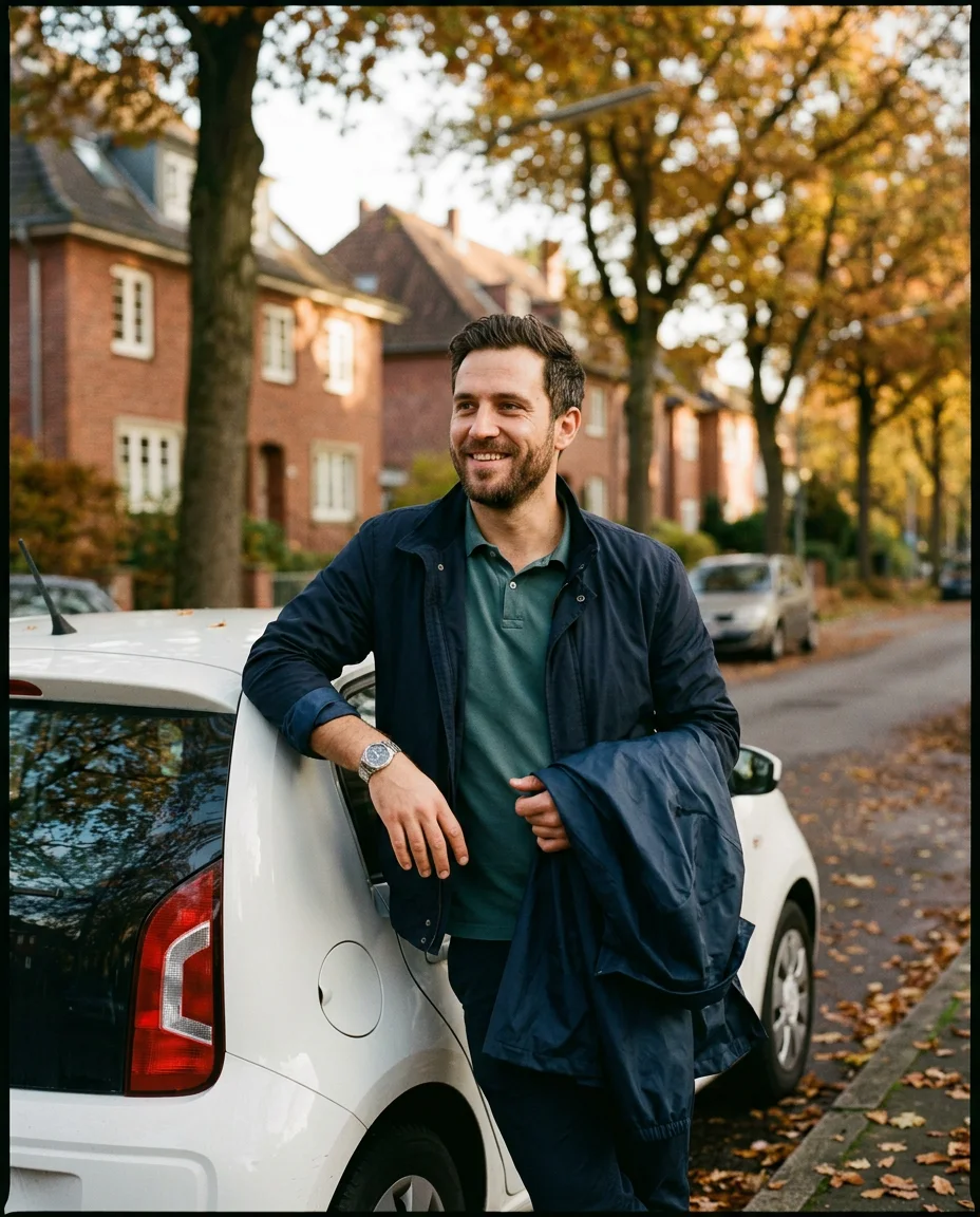 Pflegefachkraft lehnt entspannt an einem weißen Dienstwagen in einer herbstlichen Wohnstraße