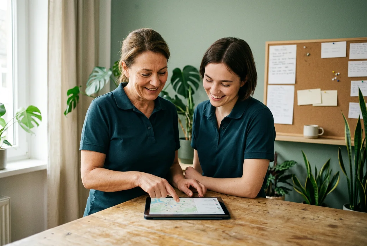 Zwei Kolleginnen besprechen die Tourenplanung am Tablet im Büro
